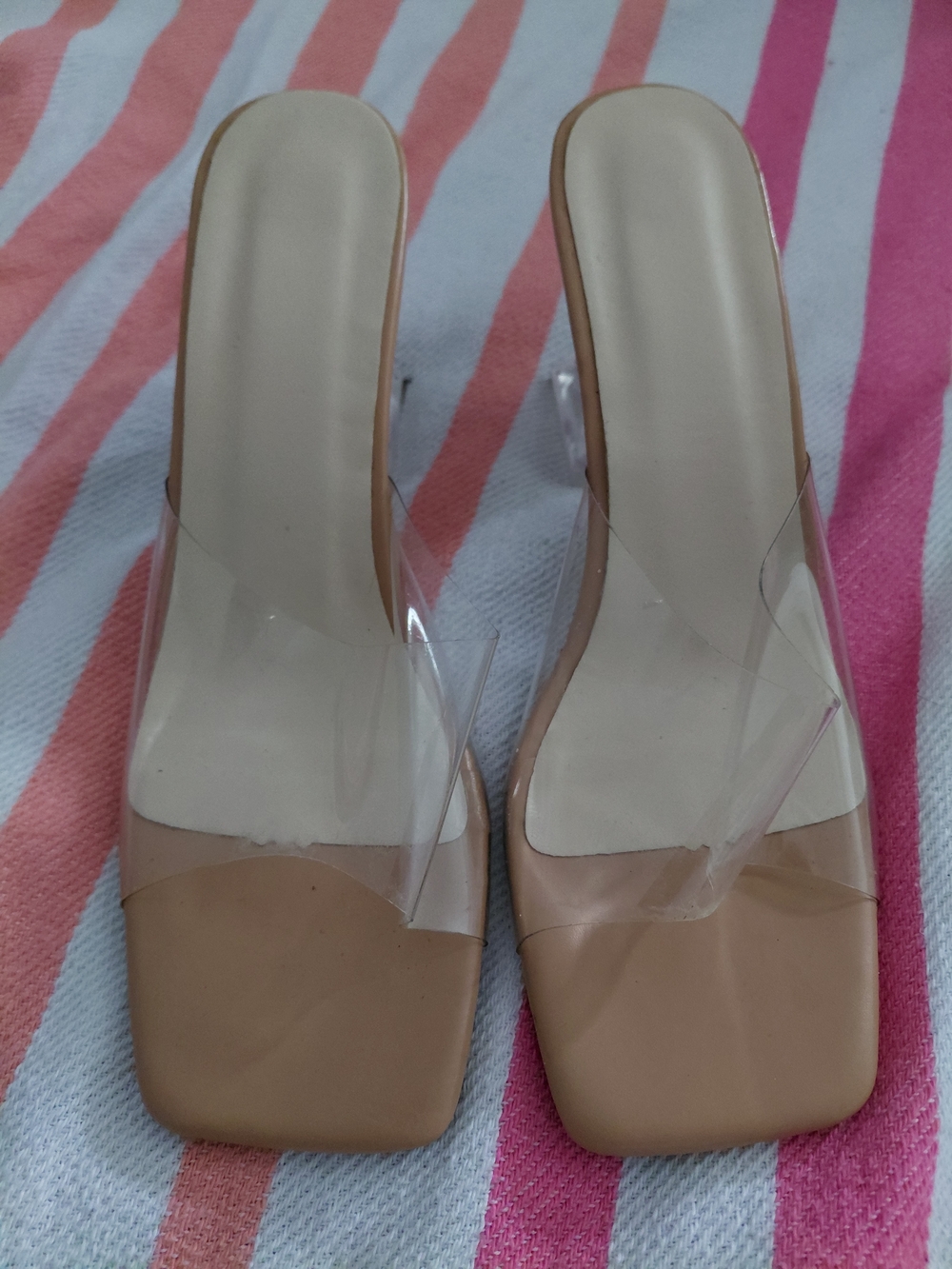 SHEIN Nude Square Toe Clear Strap Slide Mules